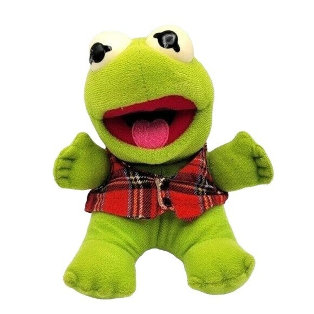 VTG Muppet Babies Kermit Plush Green 8" Red Plaid Vest 1987 Henson Associates